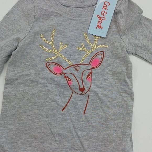 Cat & Jack Reindeer Shirt Holiday Gray Long Sleeve Crew Neck Toddler Girls - Picture 2 of 7